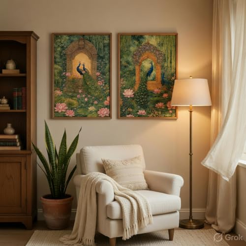 Image of Livin'luxe Royal Peacock Garden Wall Painting Set of 2 with Wooden Frames | Mughal Palace Peacock Artwork HD Sparkle Laminated MDF Wall Decor | Traditional Indian Wall Art for Living Room Bedroom