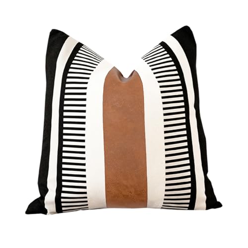 Vfuty Farmhouse Stripe Euro Pillow Cover 26x26 Large Accent Cushion Cover Black and White Faux Leather Decorative Pillowcase for Sofa Couch Chair Bedroom Modern Decor,Black
