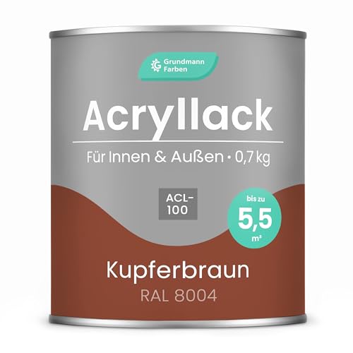 Grundmann Acryllack ACL 100 - Braun 0,7 Kg - 4in1 Lack inkl. Grundierung - Innen und Au&szlig;en - F&uuml;r Holz, Metall, Stein & Kunststoff - Kupferbraun RAL 8004