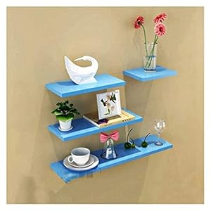 HJW Praktische opbergrek 4 stuks drijvende plank sets wandmontage, houten woondecoratie opbergrek voor fotolijst boek plantenpot, kunst display 1Huiyang-01020, blauw