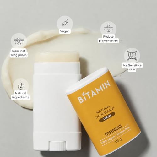 Image of BiTAMIN Mango Natural Deodorant for Kids & Teens | Stick for girls & boys with added 3% Vitamin C & E | Alcohol & Parabens free Teen Skincare | Odour Control | Long Lasting & Vegan 15g (Pack of 1)