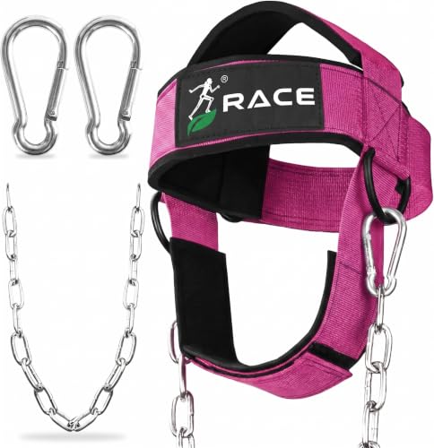 Image of RACE Neck and Head Strengthening Equipment Weight Harness Thick Padded Adjustable Strap with Heavy Duty Steel Chain & Rings for Gym Crossfit Fitness Training Injury Rehab (Pink)