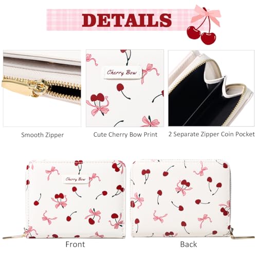 Sunwel Fashion Women Cute Print Wallets with Credit Card Slots ID Window & Zipper Coin Pouch (CHERRY BOW CREAM)4