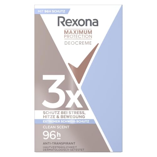 Rexona Women Maximum Protection Anti Transpirant Deo Creme Clean Scent Deodorant mit 96 Stunden Schutz gegen starkes Schwitzen und Geruch mit 3x Schutz bei Stress, Hitze & Bewegung 45 ml