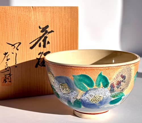 Kutani Yaki Morisama Lieutenant Iroe Camellia Matcha Rice Bowl *Wooden box is not included if shipped overseas