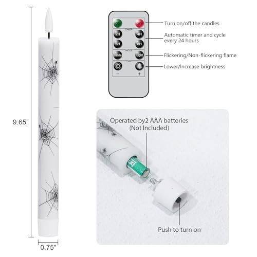 Image of Halloween Flameless Taper Candles with Remote Timer, 4 Pack LED Flickering Candlestick, 9.65 Inch Battery Operated Real Wax with Spider Web Prints Halloween Decor Indoor