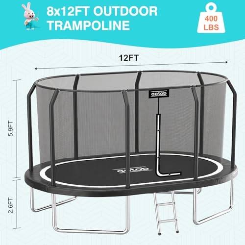 Image of AOTOB 8x12FT Oval Trampoline - Perfect Outdoor Large Trampolines for Kids - Gymnastics Style Trampoline with Enclosure Net - Supports Up to 400 lbs-Black