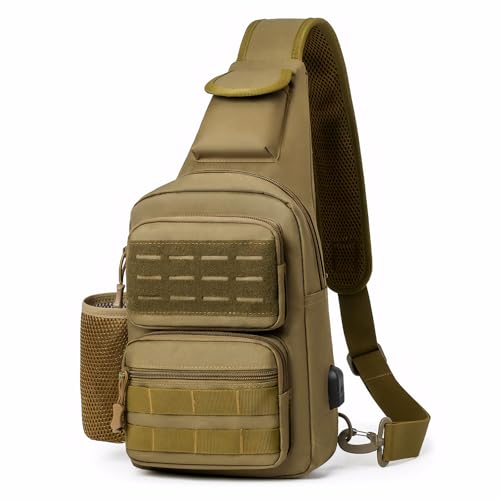 DOUNTO Tactical Sling Bag for Men Molle Utility Shoulder Bag Chest Pack Crossbody Backpack for Hiking Hunting (Brown)