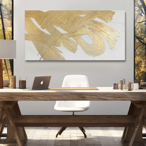 Image of Gold Abstract Wall Art White and Gold Modern Framed Painting Texture Artwork for Living Room Office Dining Room Pictures 24x48 Inch Hand Painted