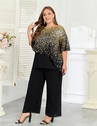 Hanna Nikole 2025 Plus Size Mother of Bride Pant Suits 2 Piece Ruffle Layers Chiffon Sets Hot Stamping Wedding Guest Outfit4