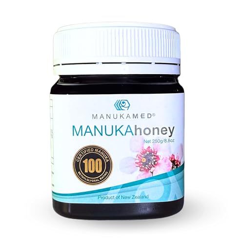 ManukaMed Miel de Manuka de Nueva Zelanda, 100% pura con contenido certificado de metilglioxal, Producto Natural Miel de Manuka 250 g (MGO+100)