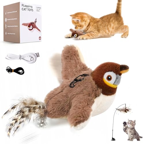Flapping Bird Cat Toy Interactive Cat Toys Chirping Bird Cat Toys Realistic Birds Plush Toy with Catnip Rechargeable Flapping Birds Sparrow for Indoor Kittens to Chase Bite Chew and Kick (No Flying)