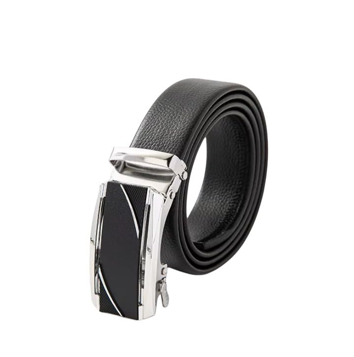 Men's Leather Ratchet Belt with Automatic Buckle, Black, Modern Design