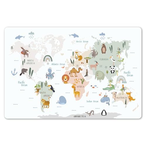 KitchenYeah© Manteles Individuales de Plástico Lavables 6 Piezas 45x30 cm Tapetes Mesa Rectangular Salvamantel Antideslizante Estilo Moderno Mapa del Mundo - Animales - Niños - Pastel