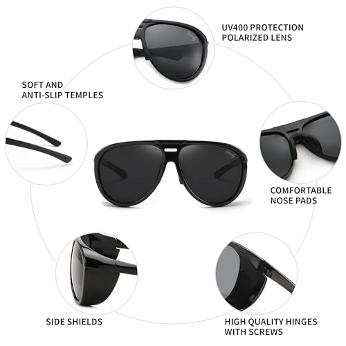 FEISEDY Polarized Aviator Sunglasses Men Women Oversized Round Steampunk Sunglasses Side Shield Goggles B00954
