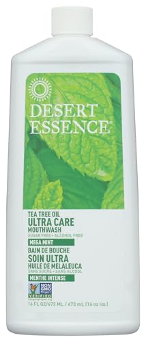 Desert Essence Natural Tea Tree Oil Ultra Care Mouthwash - Mega Mint - 16 Fl Oz - Freshens Breath - Defends Against Sugar Acids - Vitamin C - Soothes Gums - Whitening Floss - Removes Food Debris