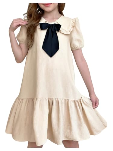 Verdusa Girl's Cute Bow Puff Sleeve Dress Birthday Ruffle Doll Collar Midi Dresses