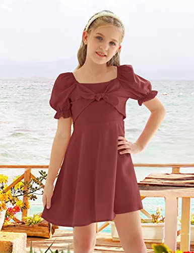 Girl's Square Neck Puff Sleeve Zipper Closure Ruffle Hem A Line Dress #TOP5