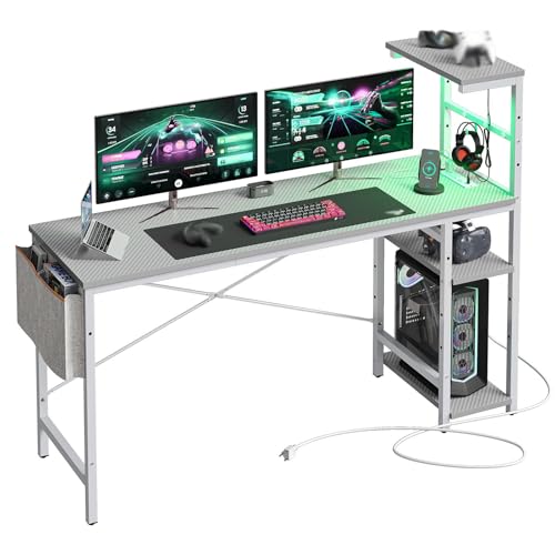 Bestier Gaming Desk with Power Outlets, 61 Inch Large Led Gamer Desk with 4 Tiers Reversible Shelves, PC Gaming Table with Headset Hook & Side Storage Bag for Bedroom (Grey 3D Carbon Fiber)