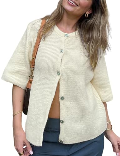 Image of Wyeysyt Womens Cropped Knitted Cardigan Y2K Short Sleeve Button Down Sweater Cardigan Shirt Casual Solid Color Ribbed Outwear