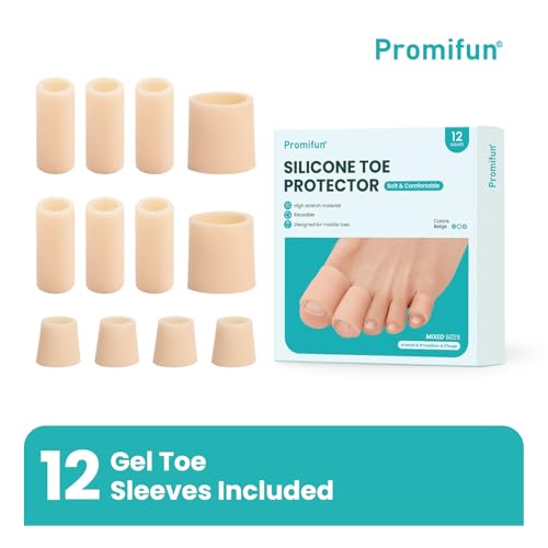 Image of Silicone Toe Protectors - 12 Pack Silicone Toe Sleeve for Hammer Toes, Corns, Calluses, Blisters - Soft Gel Toe Tube Pads for Pain Relief(Multi Size, Beige)