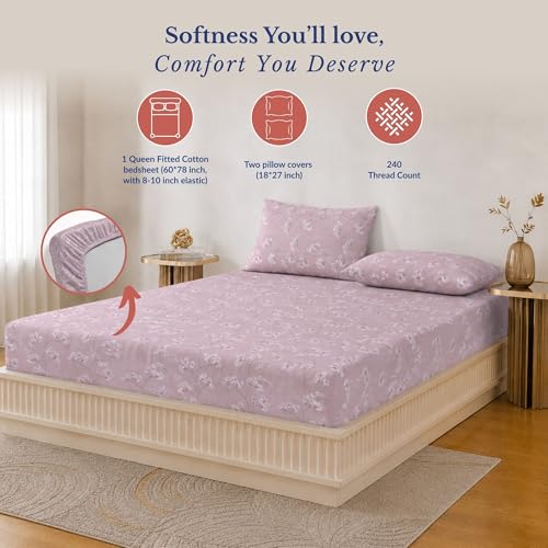 Image of Jaipur Weaves Queen Size Fitted Bedsheet Cotton with Elastic, 100% Pure Cotton Double Bed Fitted Sheet with 2 Pillow Covers, 240 TC,60x78 Inches up to 8-inch Mattress,Floral Design(Pink, Queen Fitted)