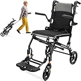 Ultra Lightweight Wheelchair for Adults, Aluminum Folding Portable Wheelchair with Telescopic Handle, 8.8KG Compact Travel Transport Wheel Chair, Adjustable Height Handle, Footrests, for Seniors