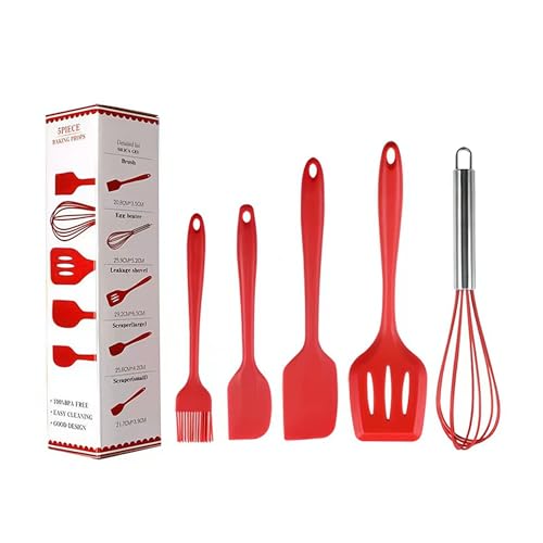 Image of Oren Empower Set of 5 Silicone Spatula & Kitchen Utensil with Hook Design for Cooking, Baking & Mixing /Non-Stick BPA Free /Heat Resistant Item, Flexible Non Toxic Silicon Cookware Tools - Red