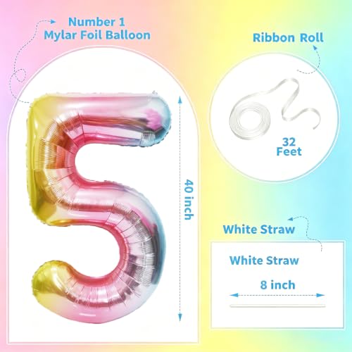 Image of Rainbow Number Balloons Birthday Balloons - Giant Number 5 Balloon 40 inch, Numbers Balloon Birthday Decorations, Rainbow Party Supplies for Baby Shower