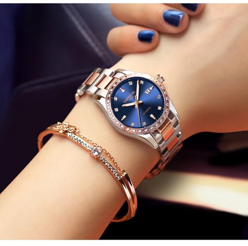 Image of Women's Diamond Automatic Mechanical Rose Gold Stainless Steel Sapphire Waterproof Lady's Elegant Blue Watch