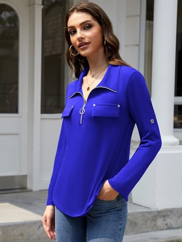 Image of Bulotus Blue Tops for Women Long half Sleeve Banded Collar V Neck Loose Fit Tummy Control Zip Front Pullover No Iron Blouses Flowy Y2k Chic Vacation Holiday Trip Travel Cruise Popular Tunic Outfits