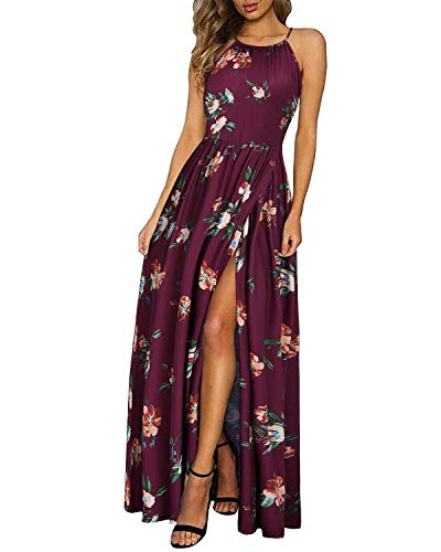 KILIG Maxikleid Damen Sommer Neckholder Sommerkleid Elegant Lang Maxi Kleid Hochzeitsgast Schlitz Freizeitkleid (Floral-C,Large)