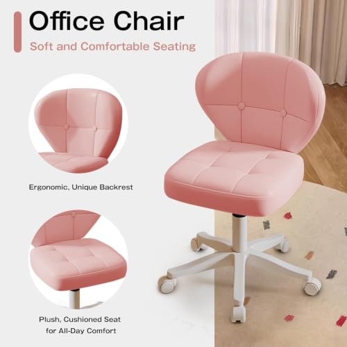 Image of Small Office Chair with Lumbar Support, PU Leather Armless Swivel Desk Chair Adjustable Height, Compact Rolling Chair for Home Office, Bedroom, Study (Pink)