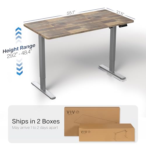 Image of VIVO Reclaimed Wood 55 x 28 in Standing Desk, DESK-KIT-1G55P | Electric, Holds 220 lbs, Sit Stand, Height Adjustable, Solid One-Piece Table Top, Memory Presets, 1B Series, Gray Frame