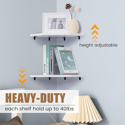 Image of Fun Memories Corner Shelf Wall Mount, Floating Corner Shelves, Set of 2 Corner Wall Shelf Organizer, Rustic Wood Wall Storage Display Shelves for Living Room Bedroom Bathroom Kitchen, Rustic White