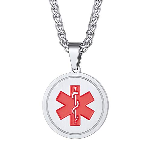 PROSTEEL Medical Alert Halskette Damen Herren 60cm Weizenkette personalisiert Edelstahl Runde Anhänger mit Stern des Lebens Symbol Notfall SOS Schmuck Geschenk für Allergie Diabetes Cover