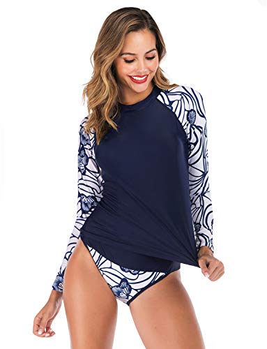 Traje de baño de dos piezas con protección solar UV de manga larga para mujer en color liso