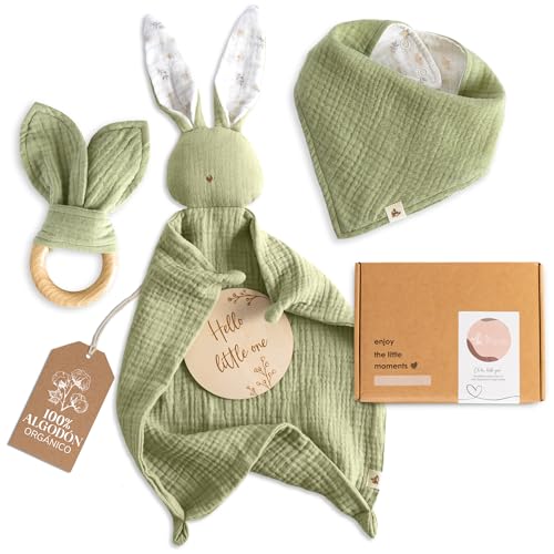 Set regalo per nascita bambino Mikito – Doudou coniglio, bavaglino bandana, mordedor legno e carta, 100% cotone biologico certificato Oeko-Tex e GOTS – regalo per ragazza e ragazzo (verde oliva)