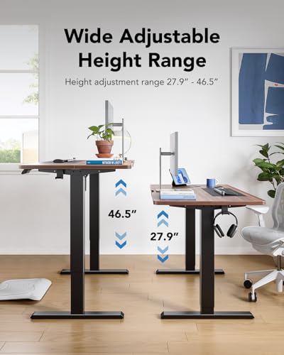 HUANUO 55" x 28" Electric Standing Desk Adjustable Height, 4 Memory Height Settings, Headphone Hook, Cable Manager, Sit Stand Up Desk for Home Office & Computer Workstation, Walnut