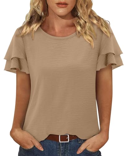 CRAZY GRID Women's Shirts Summer Casual Crewneck Ruffle Short Sleeve Blouses Cute Floral Print Tunic Tops