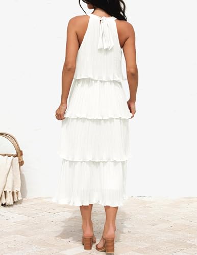ZESICA Women's 2025 Summer Sleeveless Halter Neck Ruffle Tiered Layed Chiffon Flowy Swing Long Midi Dress,White,Small - Image 4