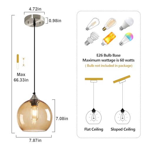Image of Light Brown Glass Pendant Lights Kitchen Island Lighting Globe Pendant Light Fixtures Modern Pendant Lighting for Bedroom Living Dining Room Light Fixture (7.87 in, 3 Pack)