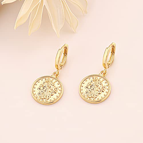 SANNYRA Gold Coin Earrings, Gold Huggie Dangle Earrings for Women, 14K Gold Plated Charm Dainty Hoop Jewelry4