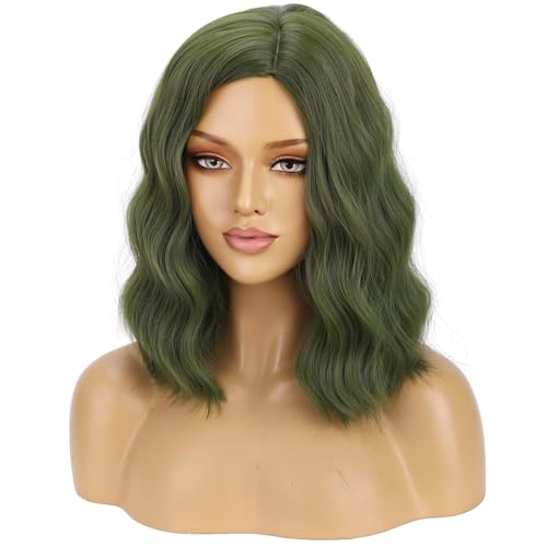 Image of BERON Green Wigs for Women Short Curly Bob Wavy Wig Girls Olive Color Body 14'' Heat Resistant Synthetic Hair Wig Cosplay Daily Party Wigs