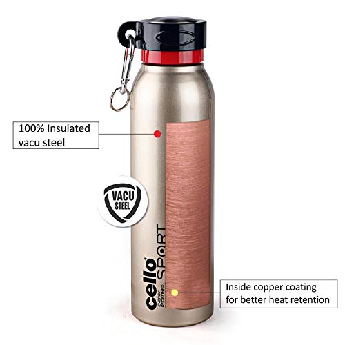 Image of CELLO Beatle Insulated Stainless Steel Flask 1000 ml, Gold | Double Wall Insulated 24 Hours Hot & Cold Leakproof Easy One Hand Grip Thermosteel Flask Water Bottle for Office Gym Travel & Daily Use