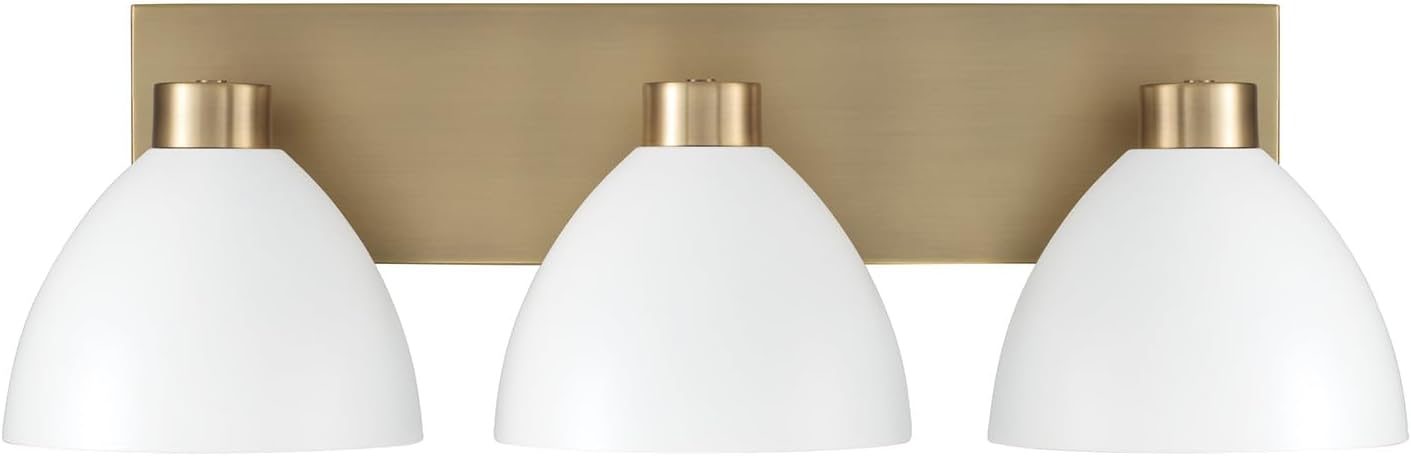 HomePlace by Capital Lighting 152031AW Ross Modern Luxe Art Deco Mid-Century Matte White Metal Cone Bath Vanity Wall Light, 3-Light 300 Total Watts, 8" H x 25" W, Aged Brass and White