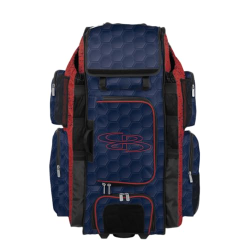 Boombah Superpack XL Rolling Bat Bag - Telescopic Handle - Holds 8 Bats - Wheeled Version - 3DHC Navy/Red