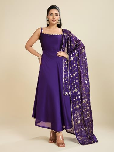 Image of UFB Purple Anarkali Kurta with Embroidered Dupatta, Sleeveless Square Neck Design