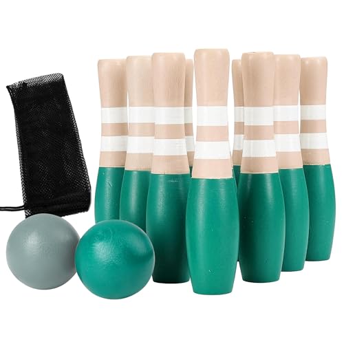Sterling Sports Wooden Lawn Bowling 9 Skittles Set with Carrying Mesh Bag for Indoors and Outdoors - 10 Wooden Pins and 2 Balls Green/Turquoise and Gray