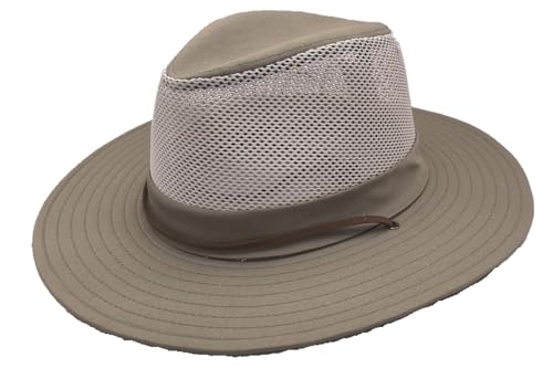TUREVIEW Men's Flat Wide Brim Mesh Safari Outdoor Hat Panama Hat Travel Fishing Hiking with Windproof (Khaki)